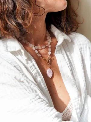 sautoir laksmi en quartz rose et oeil en rhodochrosite