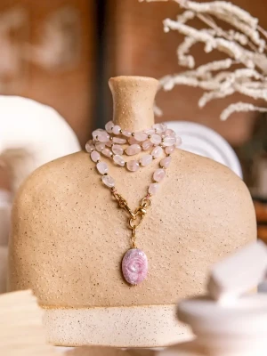sautoir laksmi quartz rose et rhodochrosite en pierres naturelles