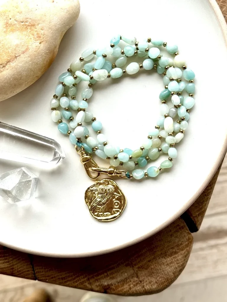 sautoir amazonite pendentif chouette citrine