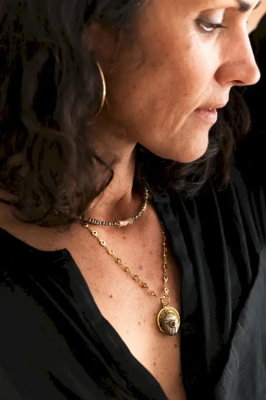 COLLIER PYRITE ET QUARTZ RUTILE CELESTE