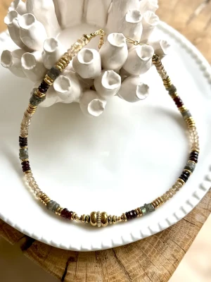 COLLIER VARUNA OR GRENAT / LABRADORITE / QUARTZ FUMÉ  - Remonter la pente, Confiance, Protection